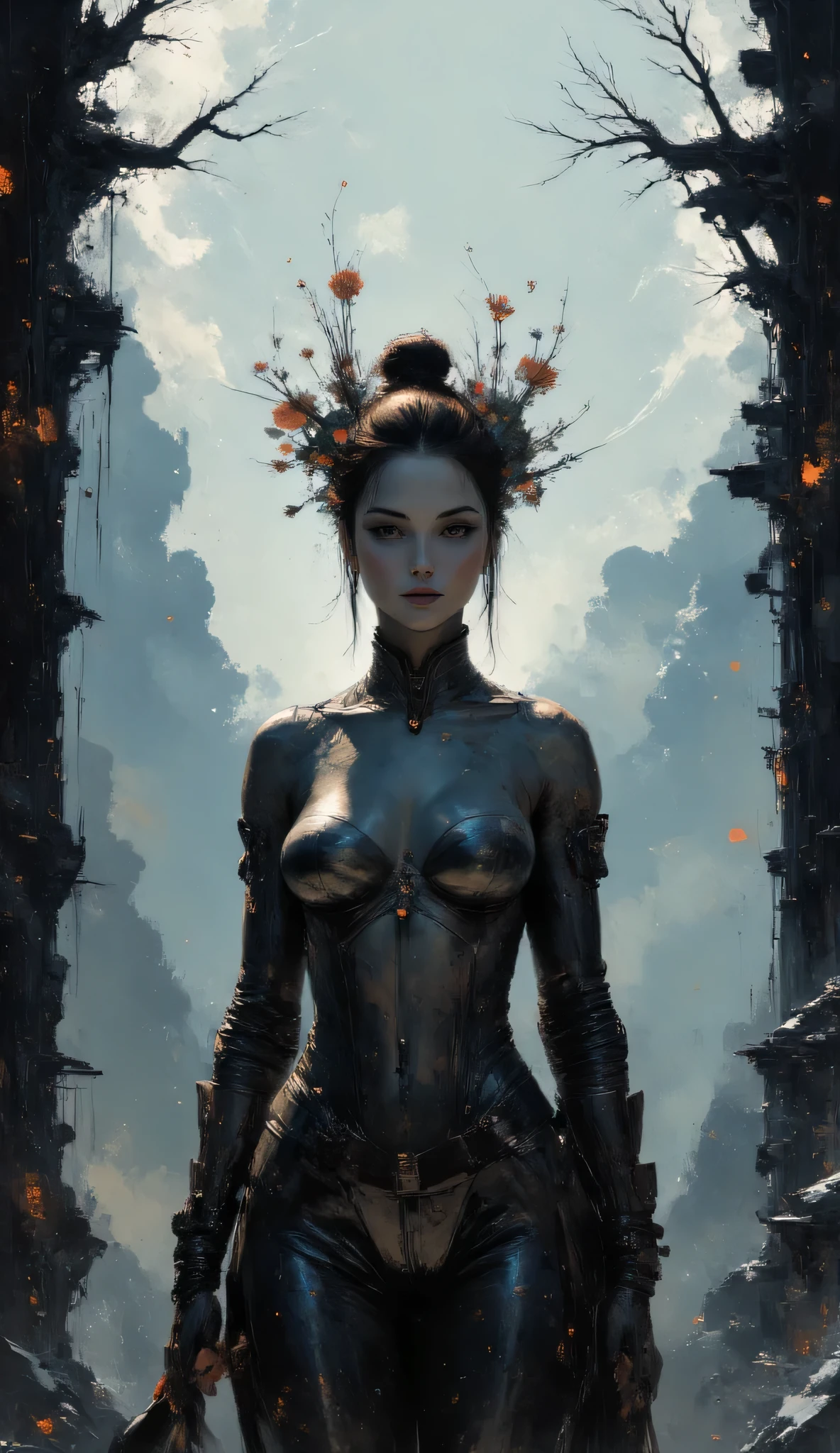 A digital artwork in the style of cknc, in the style of ck-ncr, high-end cyborg female battle robot, white ceramic material, full transparent glass head with mechanical parts visible inside, looking at viewer, mechanical eyes, aiming blaster gun at viewer, dimly illuminated cyberpunk corridor, neo, bokeh