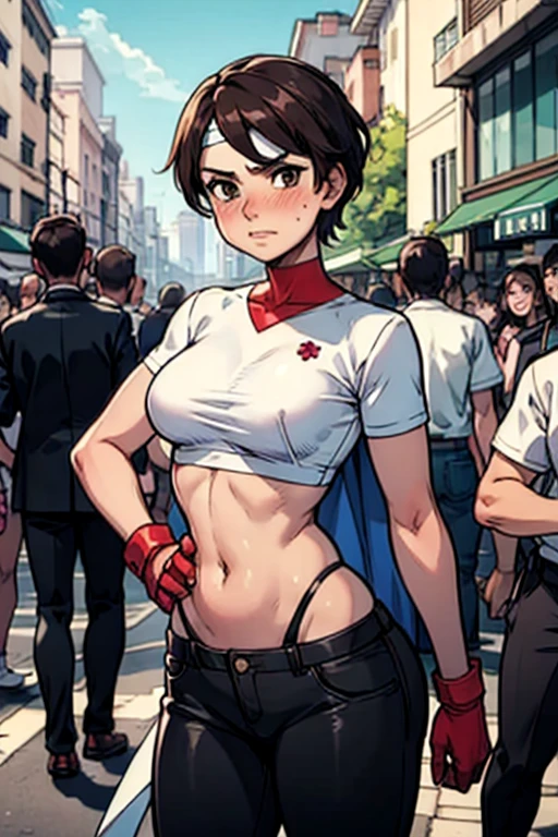 Kasugano Sakura,  brown eyes, Short brown hair,  white headband ,belly button,revealing clothes, Red gloves,  viewers, blush, angry,,  standing, Mid Shot,  outside, city, street, market, crowd,  putting a hand on the lower back,  blue sky,  High Quality , masterpiece,  