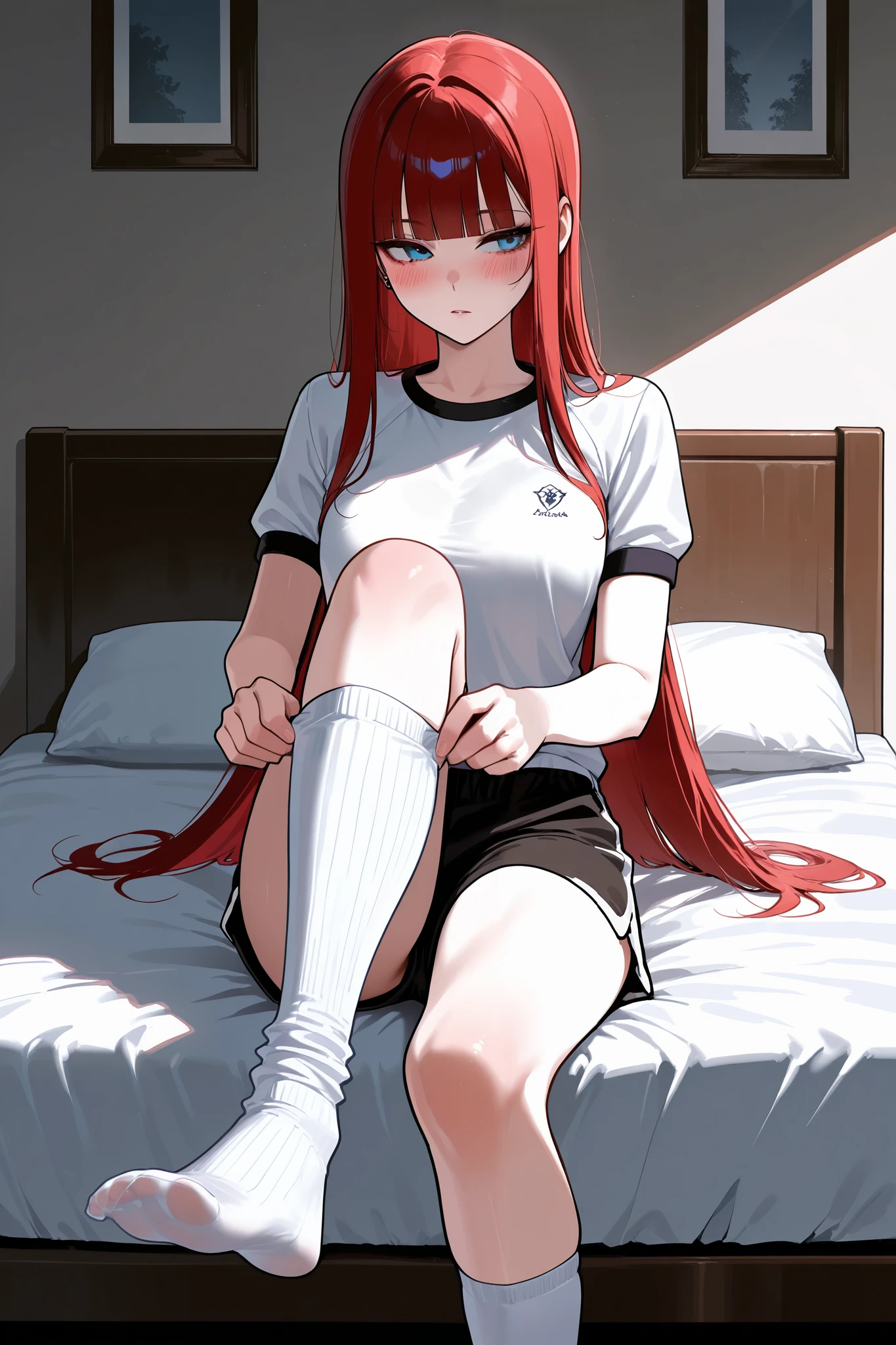 foot focus,dressing socks, adjusting legwear,goth, Gothic,Slender adult woman with thin legs、 loose black shorts,loose white short sleeve gym clothes 、 anatomically correct、White socks,Straight hair,Long hair ,Red Hair, blunt bangs,A woman sitting on a bed in her apartment at home, wearing socks,、blush,blue eyes、hand