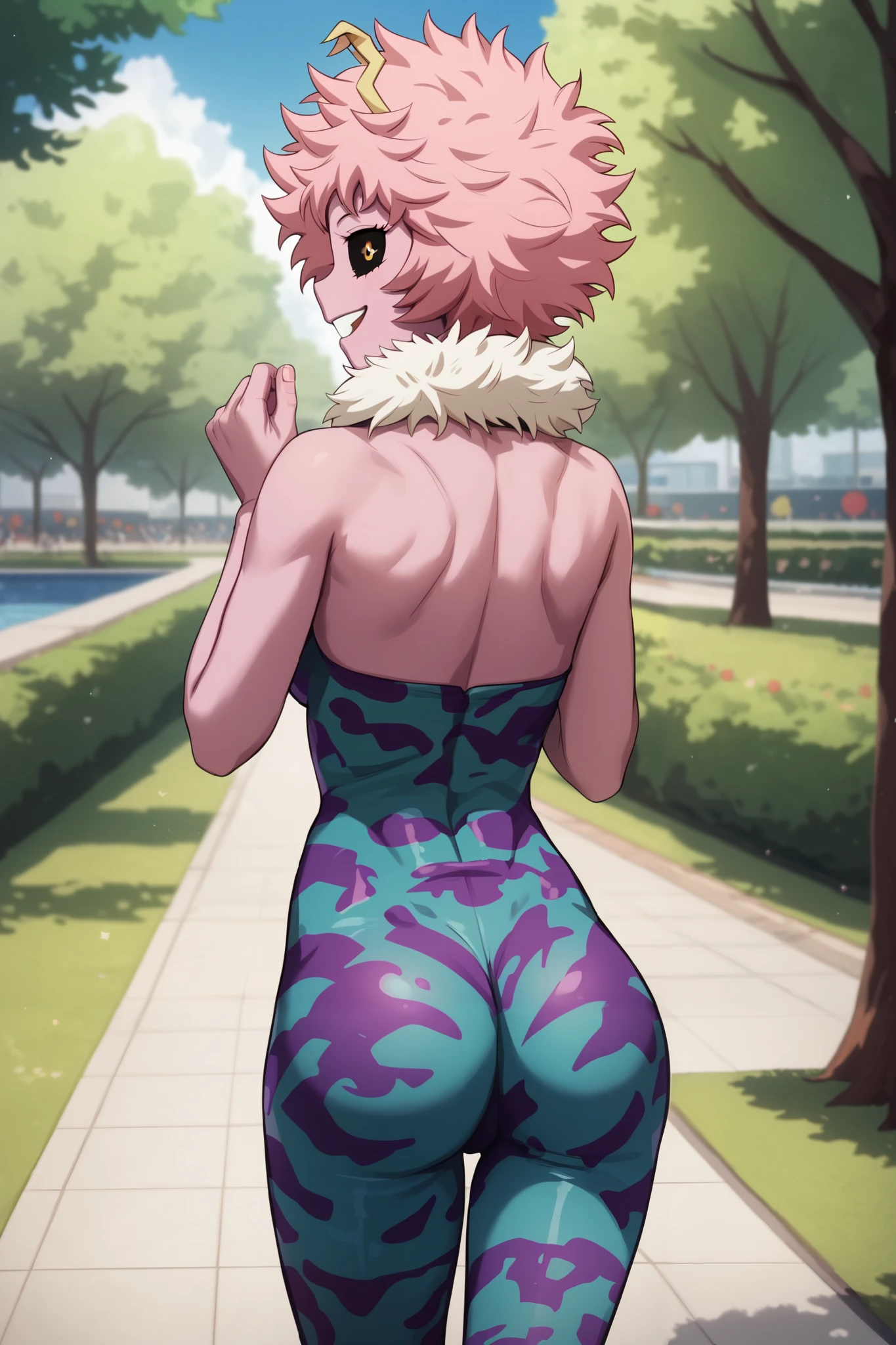 ((mina ashido)), ((masterpiece)), ((high resolution)), ((cartoon style)), ((solo portrait)), ((back view)), {(attractive figure), (toned body), (beautiful legs), (pink skin), (yellow horns), (pink hair), (yellow eyes), (black sclera), (long eyelashes), (excited smile)}, {(hero costume), (blue bodysuit)}, {(looking back at viewer)}, ((park))