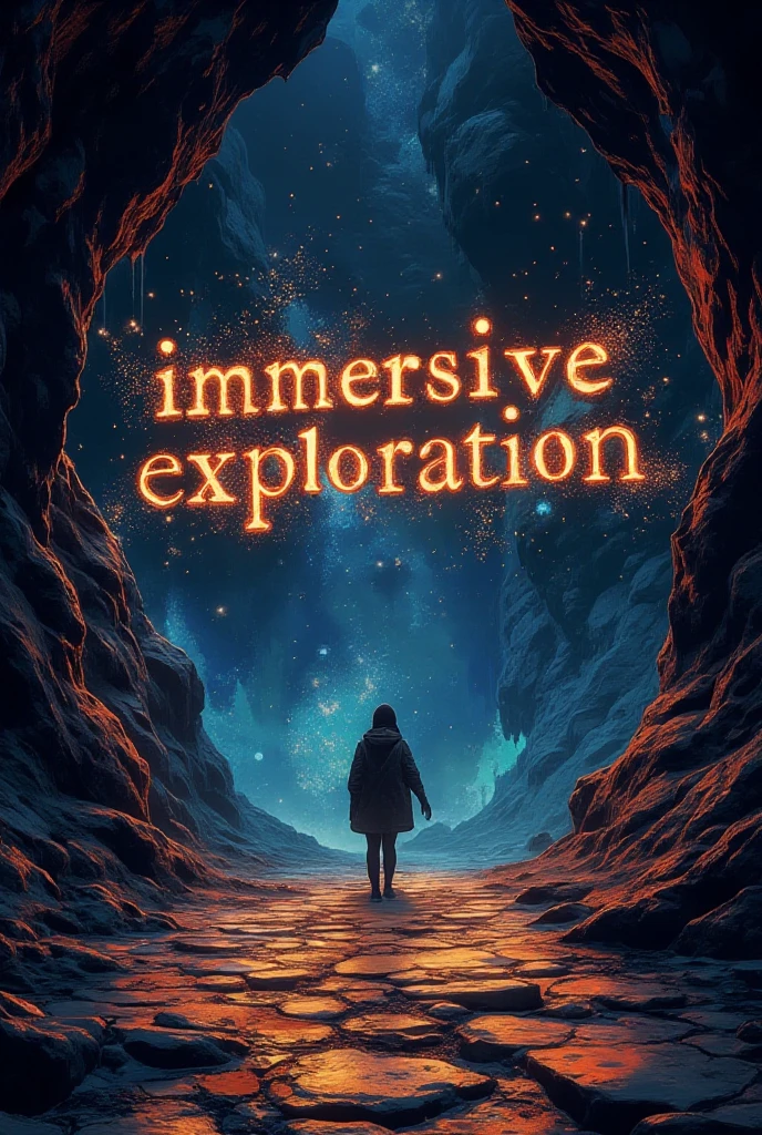  Write in the center of the entrance of a cave the phrase: " IMMERSIVE EXPLORATION",  in a very beautiful font , colorful and interactive 