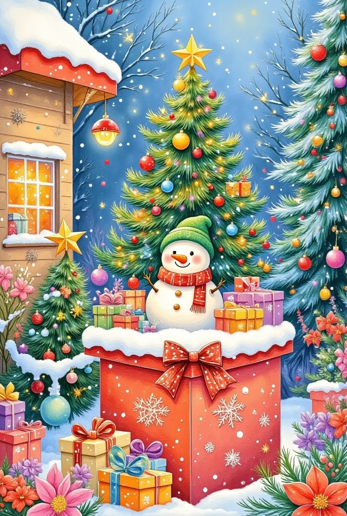 Oil painting illustration: Christmas,It was snowing outside the window,A colorful Christmas stocking and an adorable snowman placed inside a christmas tree on a surface covered with snow. 圣诞树上系着一个鲜艳的红色蝴蝶结,为场景增添了鲜艳的色彩. 背景是柔和的红色,营造温暖和节日的氛围. high quality , high-resolution , Hyper-Reality , detailed,vibrant colors,冬季假期主题,Cheerful,Comfort,Artistic Expression.。粗糙的笔触和纹理