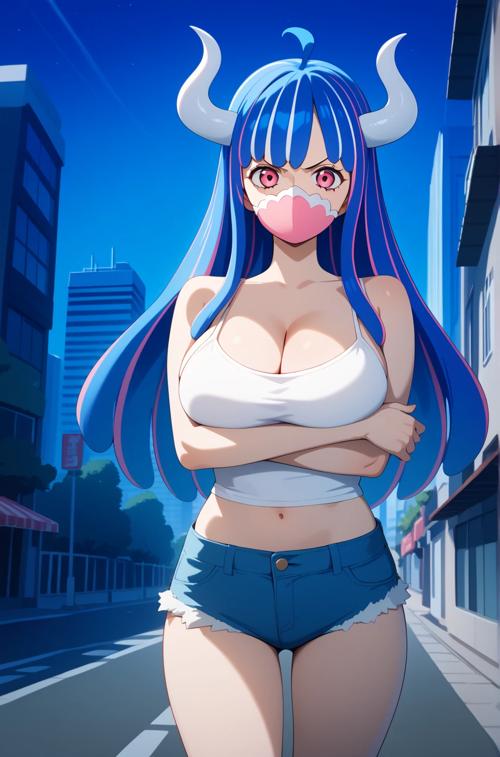 masterpiece,best quality,{{detailed beautiful face and eyes}}, 
Ulti,{{{megami magazine}}},long hair,multicolored hair,blue hair,ahoge,hair between eyes,horns,pink eyes,mouth mask,pink mask,large breasts, 
camisole, bare shoulders, cleavage, crop top, cutoffs, denim shorts, midriff, short shorts, spaghetti strap,
1girl,(is angry:1.0),
((standing,cowboy shot,looking at viewer,breast hold:1.2)),
(night city background:1.0),clothed