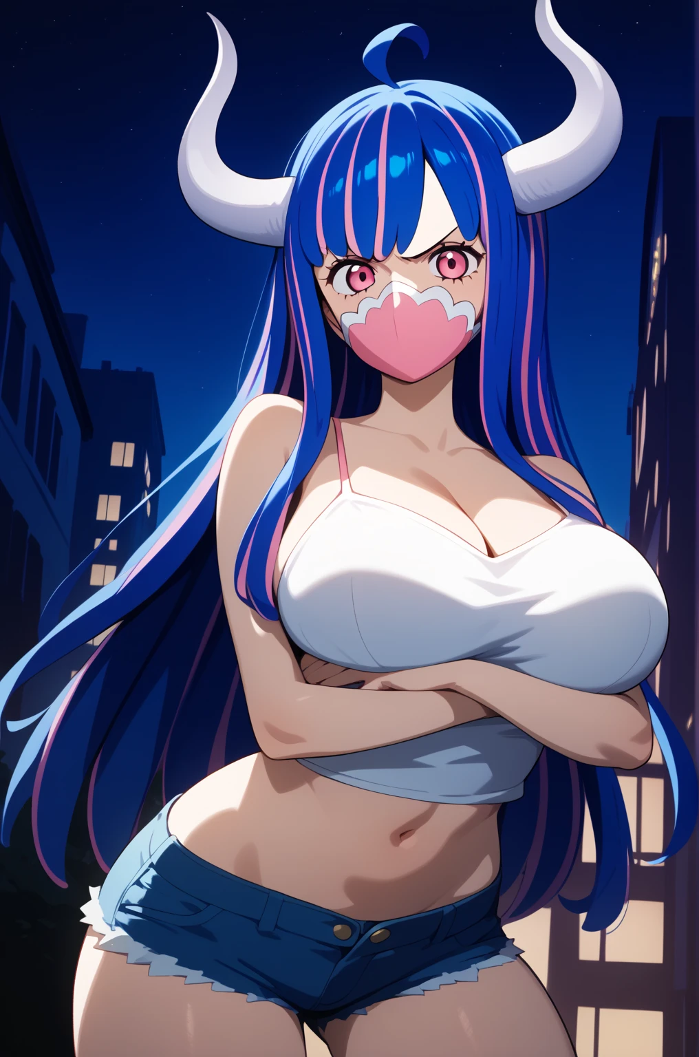 masterpiece,best quality,{{detailed beautiful face and eyes}}, 
Ulti,{{{megami magazine}}},long hair,multicolored hair,blue hair,ahoge,hair between eyes,horns,pink eyes,mouth mask,pink mask,large breasts, 
camisole, bare shoulders, cleavage, crop top, cutoffs, denim shorts, midriff, short shorts, spaghetti strap,
1girl,(is angry:1.0),
((standing,cowboy shot,looking at viewer,breast hold:1.2)),
(night city background:1.0),clothed