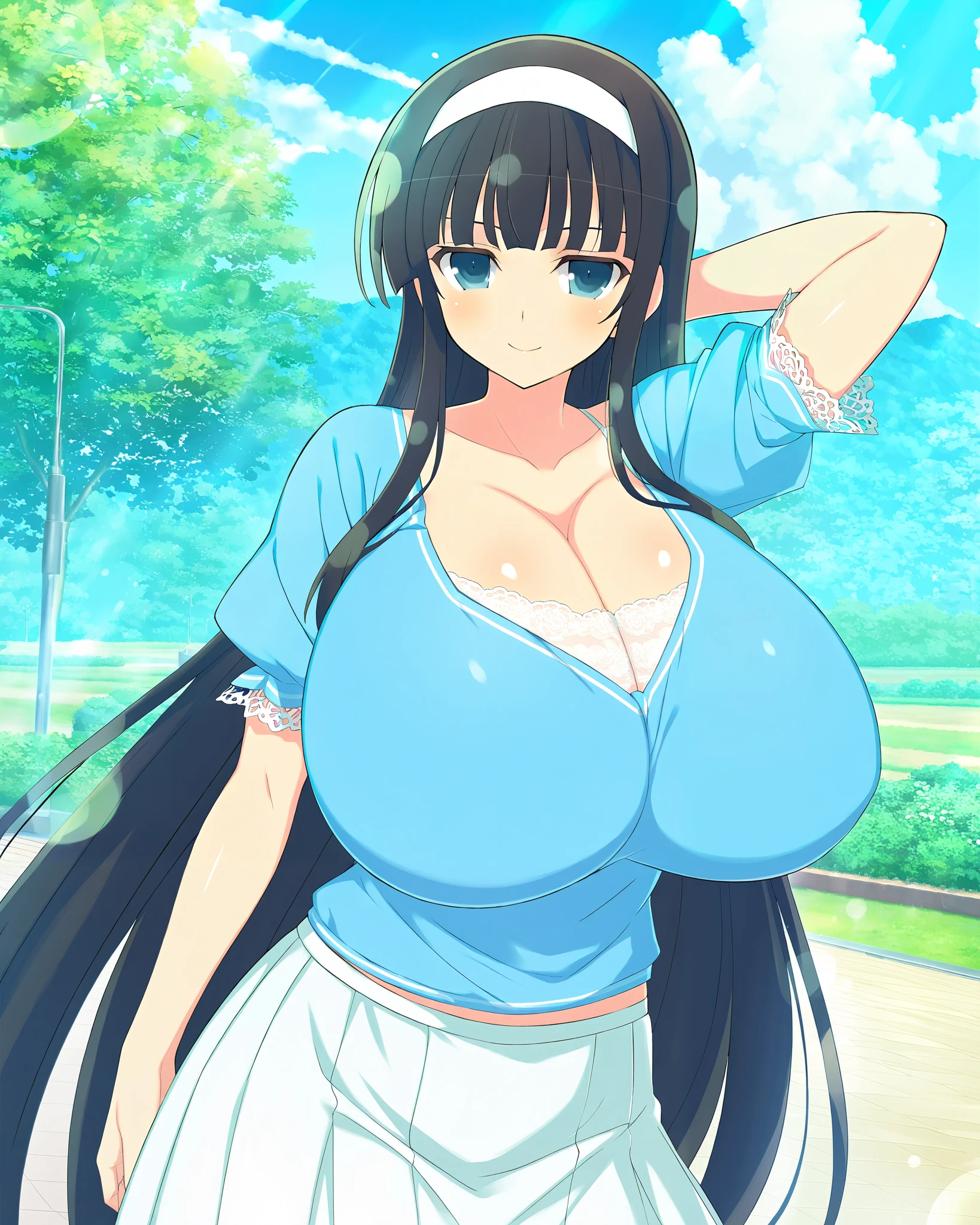 masterpiece, best quality, anime art style, Official Art, yaegashi nan(artist), perfect eyes, detailed eyes, perfect face, perfect hair, detailed hair, shiny hair, beautiful character design, 1 girl, alone, Ikaruga (Senran Kagura New Link), black hair, blunt bangs, hime cut, blue eyes, black pupils, white hairband, sweet smile, standing, one hand behind head, looking at viewer, slim body, cowboy shot, dynamic pose, gigantic breasts, cleavage, short sleeves, scoop neck shirt, blue shirt, white lace-trimmed, pleated white skirt, long skirt, outdoors, at the park