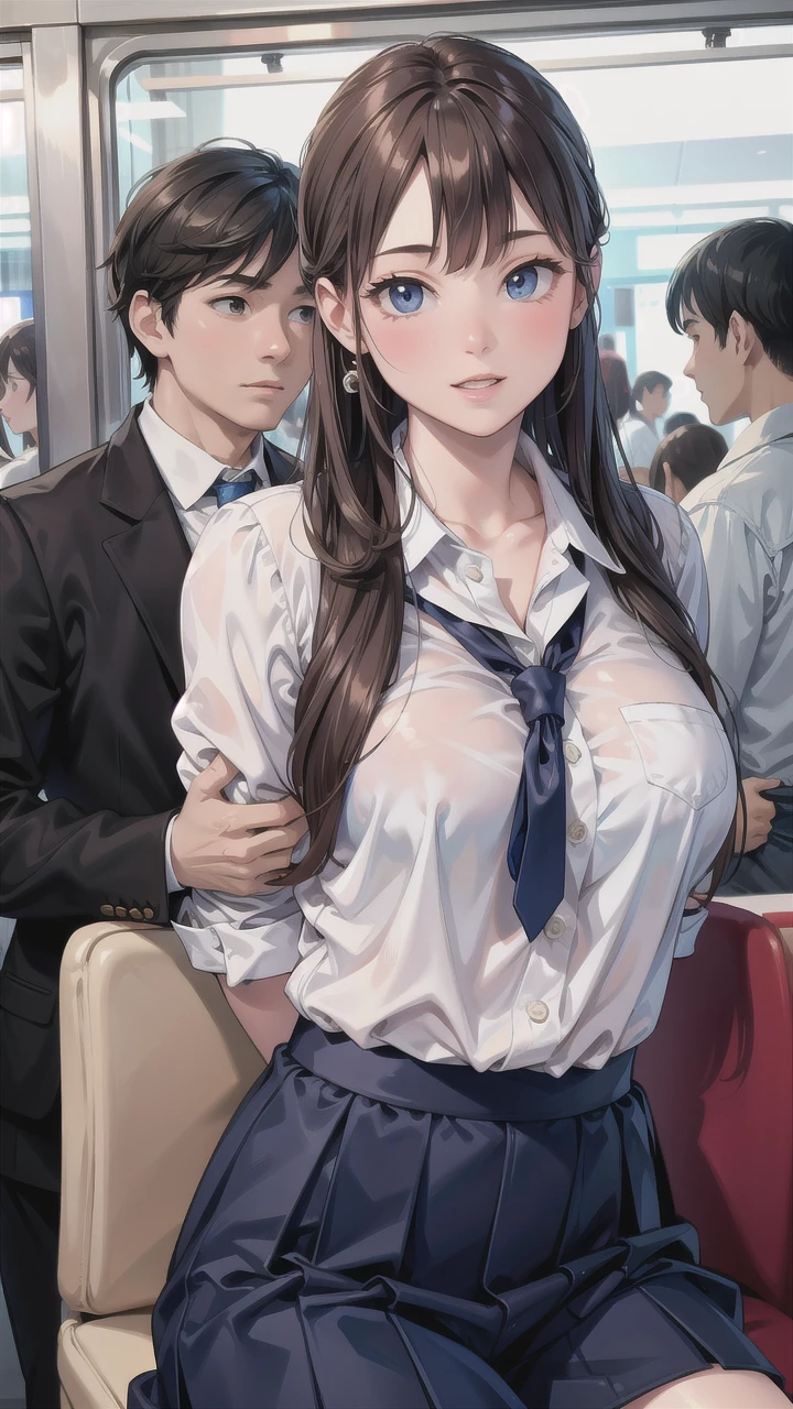 A voluptuous high school girl has her breasts fondled from behind by a lewd groper on a crowded commuter train, high school girl grabbing tits by a man in dirty clothes, 1girl, 1boy, skirt, hetero, grabbing, breast grab, school uniform, breasts, overcrowded commuter train, on the saikyo Line, grope, chikan, blushed, molestation, medium breasts, brown eyes, brown hair, long hair, school uniform, blue tie, blue checked skirt, white shirt, school uniform, collarbone, be put off facial expression by grabbing breast,
