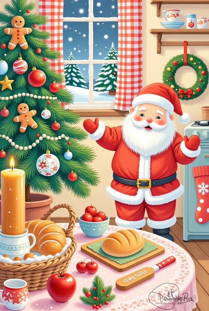 Pastel Art，Christmas illustration  ，Plaid curtains  ， bottom right corner of the kitchen tablecloth  、cake、candle、Glass、Christmas tree、Gingerbread Man、  apples、tableware、   artist's signature ， with socks and Christmas wreaths hanging on the wall。  Santa Claus  。  lined with bread  "Jenny"