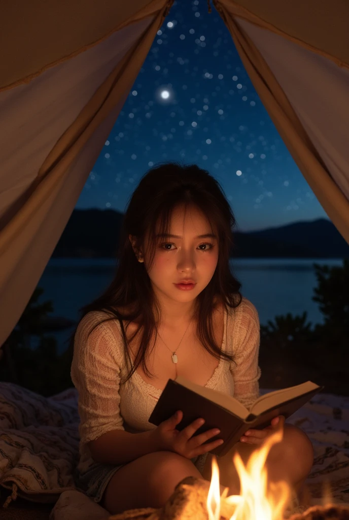 (a young woman reading in a tent outdoors, surrounded by campfire and starry sky,best quality,4k,8k,highres,masterpiece:1.2),ultra-detailed,(realistic,photorealistic,photo-realistic:1.37),beautiful detailed eyes,beautiful detailed lips,extremely detailed eyes and face,long eyelashes,cozy atmosphere,soft lighting,glowing campfire,sparkling stars,night sky,tent interior,book in hand,relaxed posture,calm expression,gentle breeze,fall foliage,serene environment,illustration,soft colors,bokeh,physically-based rendering,vivid colors,sharp focus,detailed background,adventure theme,peaceful setting