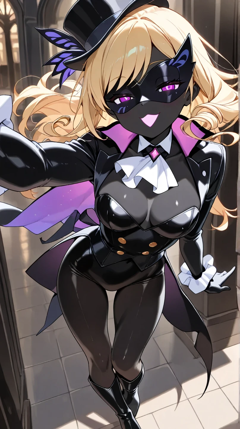  a woman with a black body ,1 person:2.0,(masterpiece:1.3, top quality :1.3, very detailed depiction:1.3, Incredible High Definition :1.3,High quality anime drawings),(Bewitching Female Phantom Thief :1.3),(Sexy Female Phantom Thief Outfit, tuxedo,Gentleman&#39;s hat, covers her eyes with a black venetian mask:1.3,latex, luxury accessories , black tights, boots),( black skin:1.5,Black Skin:1.5,Blonde,Glowing purple eyes, half-closed eyes:1.3,Swirling Eyes ,Does not depict a mouth :1.5, slender figure, bewitching smile,Glossy lipstick, flashy makeup,Seductive gestures,Beautiful legs, healthy legs,Curvaceous Body,High quality skin),Fall, dynamic images , forward leaning position, Viewpoint from Above 