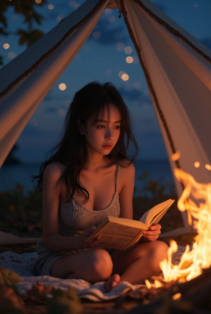 (a young woman reading in a tent outdoors, surrounded by campfire and starry sky,best quality,4k,8k,highres,masterpiece:1.2),ultra-detailed,(realistic,photorealistic,photo-realistic:1.37),beautiful detailed eyes,beautiful detailed lips,extremely detailed eyes and face,long eyelashes,cozy atmosphere,soft lighting,glowing campfire,sparkling stars,night sky,tent interior,book in hand,relaxed posture,calm expression,gentle breeze,fall foliage,serene environment,illustration,soft colors,bokeh,physically-based rendering,vivid colors,sharp focus,detailed background,adventure theme,peaceful setting