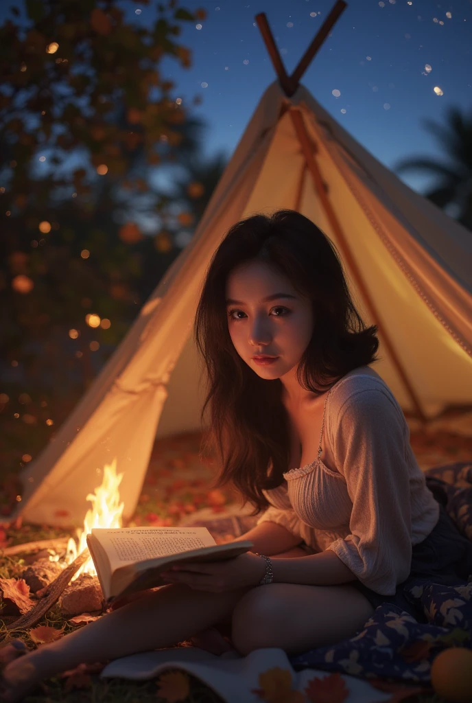 (a young woman reading in a tent outdoors, surrounded by campfire and starry sky,best quality,4k,8k,highres,masterpiece:1.2),ultra-detailed,(realistic,photorealistic,photo-realistic:1.37),beautiful detailed eyes,beautiful detailed lips,extremely detailed eyes and face,long eyelashes,cozy atmosphere,soft lighting,glowing campfire,sparkling stars,night sky,tent interior,book in hand,relaxed posture,calm expression,gentle breeze,fall foliage,serene environment,illustration,soft colors,bokeh,physically-based rendering,vivid colors,sharp focus,detailed background,adventure theme,peaceful setting