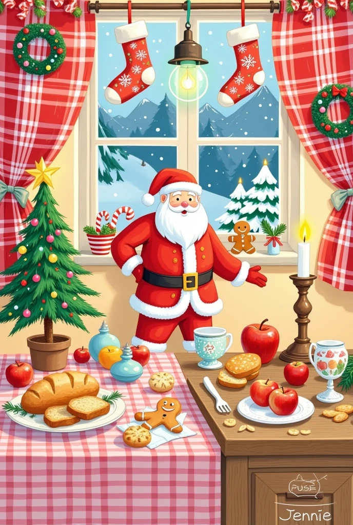 Pastel Art，Christmas illustration ，Plaid curtains ，The kitchen tablecloth is lined with bread、cake、Candle、glass、Christmas tree、Gingerbread Man、 apples、tableware、 with socks and Christmas wreaths hanging on the wall。 Santa Claus 。Artist's signature in the bottom right corner"Jennie"