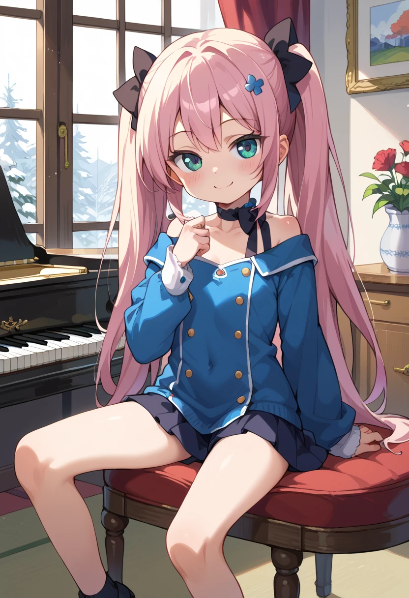 (( top quality )), ((masterpiece)), (be familiar with), perfect face, indoor, bedroom,  viewers because it's Shiragane in the middle of winter,
One woman, Krull Tepesi ,
開いた口,  ecstatic expression beside the piano, blush, smile,
 small ,  flat chest, Young girl, Lori,  ,  girl,
 long hair,  twin tails,
Leg spread,