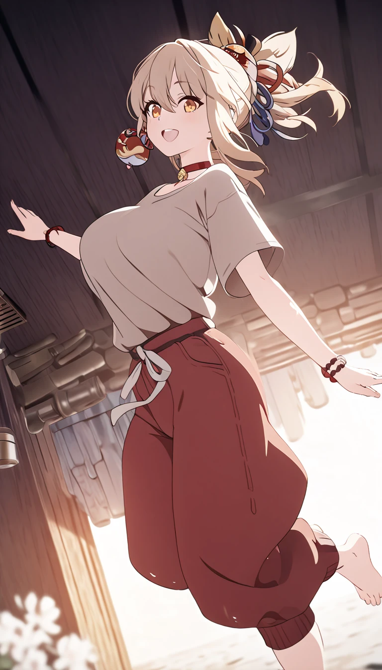 A girl with a collar, baggy pants, barefoot, (best quality,4k,8k,highres,masterpiece:1.2),ultra-detailed, moody lighting,dramatic shadows,warm soft colors,cinematic, red pants , whole body,  yoimiya, bangs, blonde hair, hair ornament, hair between eyes, ponytail, sidelocks, orange eyes, light brown hair, 1women ,4k, 8k, uhd, hdr, detailed background,mature female, dynamic pose, full body, ,skin pores, score_9, score_8_up, score_7_up, (sfw), (cowboy shot, dutch angle:1.2), 1girl, solo, mature female, whole body shot ,1girl, solo, mature female, smiling,1girl, solo, mature female, big breasts, dynamic angle, (negative_v2 Color_Balance_Calibration:0.8), Stable_Yogis_Animetoon_Negatives, negativeXL_D, aidxlv05_neg, indoor background
