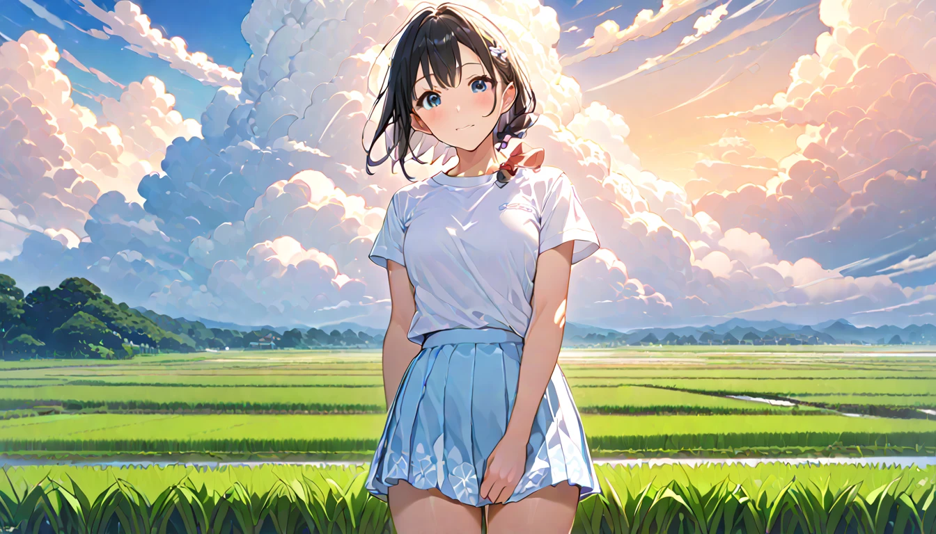   high school girl、 Short-sleeved plain shirt   、   with rice paddies stretching all the way to the horizon 、  I have a light blue miniskirt   、Clear sky and cumulonimbus clouds    