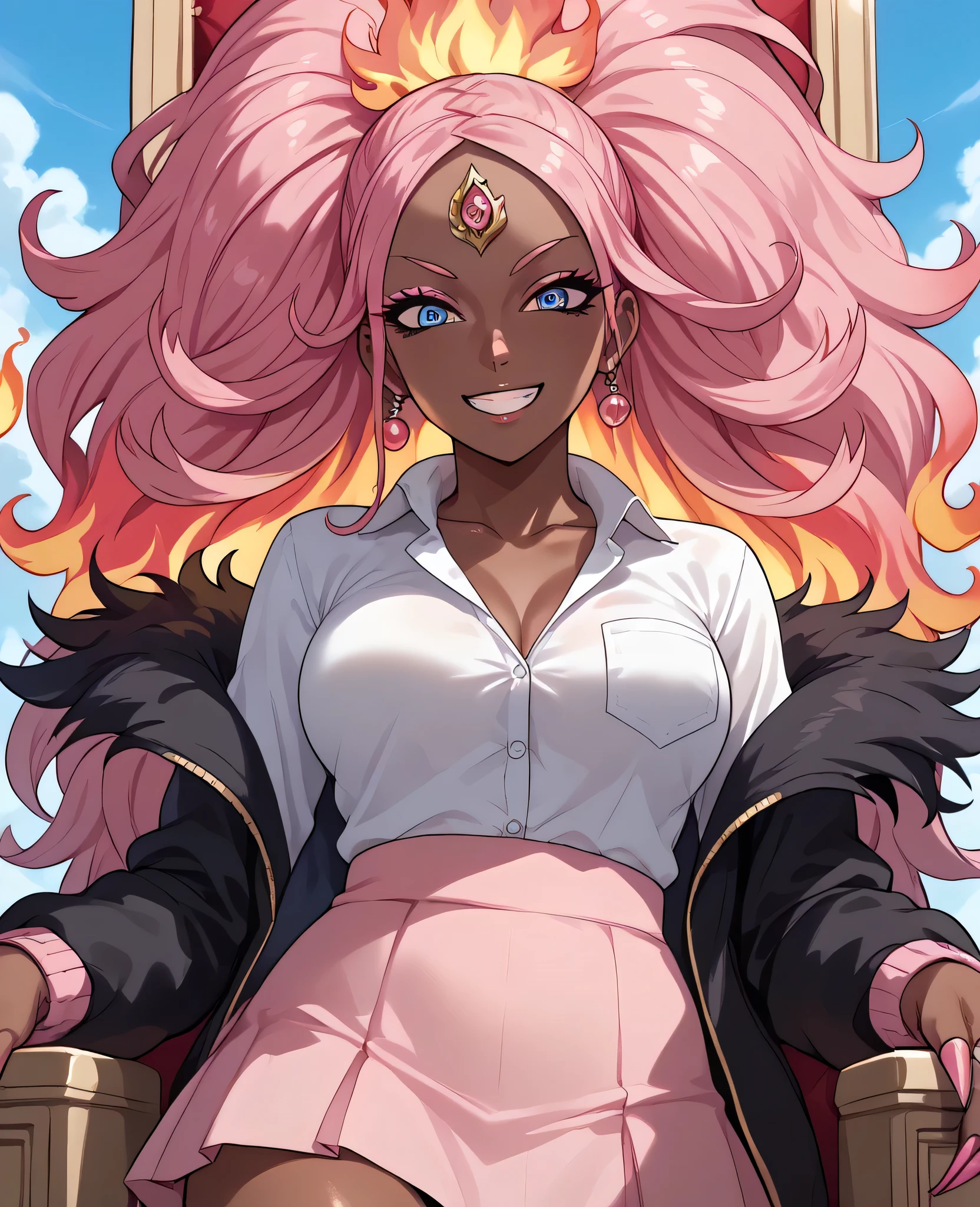 woman, flaming hair, black skin, jentry chau style, anime style, pink fire powers, blue eyes, pink hair, third eye on forehead, voluminous hair, sky, smile, gyaru style, eye on forehead, claws covered in pink fire, pink fire, throne of pink flames, big hair, medium breasts, skirt