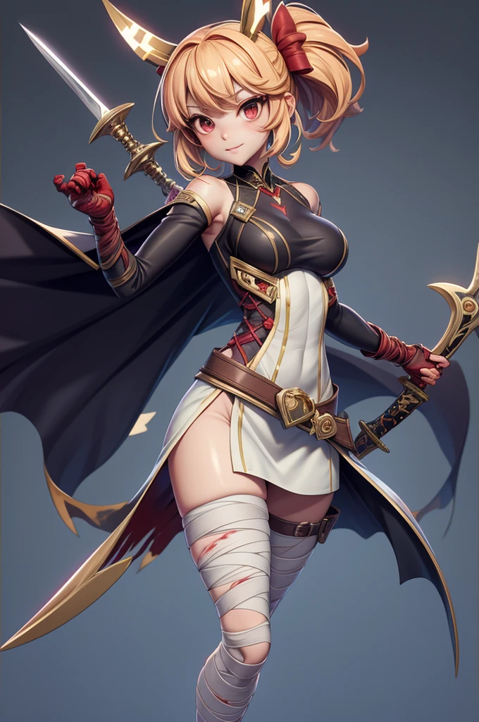 red_background, weapon, red_border, sword, red_sky, jewelry, cape, red_cape, shorts, red_moon, open_mouth, brown_eyes, holding_sword, 1girl, holding_weapon, 1boy, blonde_hair, holding