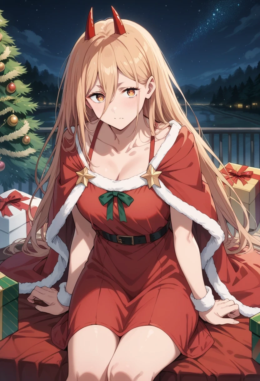 score_9, score_8_up, score_7_up, score_6_up, score_5_up, score_4_up,source_anime,1girl, p0w3r0x1, long hair, blonde hair, red horns,demon pupils, red sundress, red cloak, sitting, Christmas theme, big pine tree, present boxes, starry night, simple background