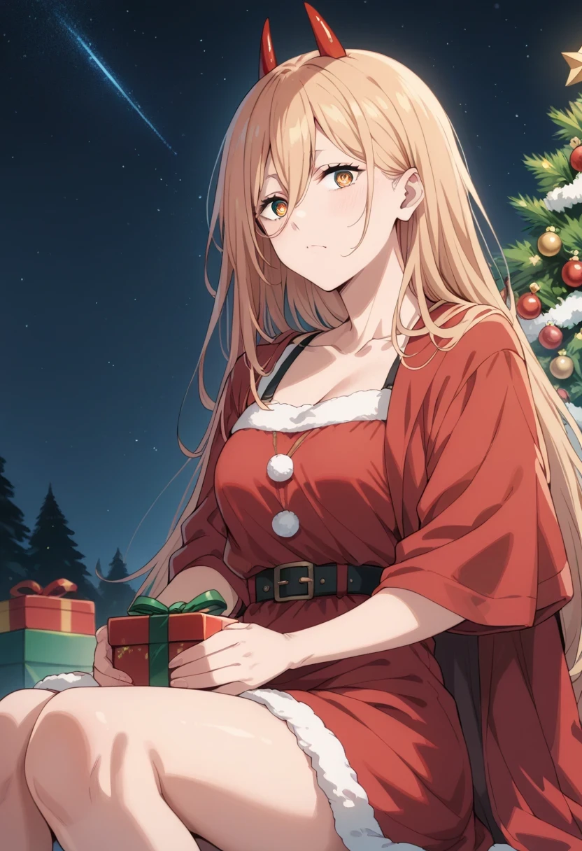score_9, score_8_up, score_7_up, score_6_up, score_5_up, score_4_up,source_anime,1girl, p0w3r0x1, long hair, blonde hair, red horns,demon pupils, red sundress, red cloak, sitting, Christmas theme, big pine tree, present boxes, starry night, simple background