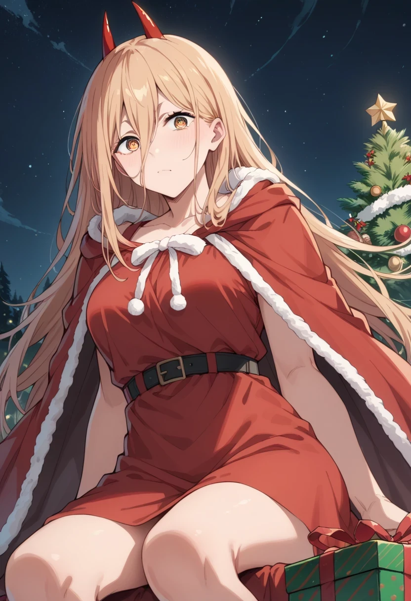 score_9, score_8_up, score_7_up, score_6_up, score_5_up, score_4_up,source_anime,1girl, p0w3r0x1, long hair, blonde hair, red horns,demon pupils, red sundress, red cloak, sitting, Christmas theme, big pine tree, present boxes, starry night, simple background