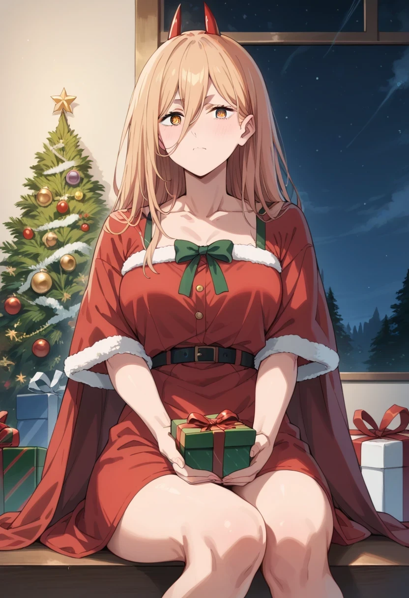 score_9, score_8_up, score_7_up, score_6_up, score_5_up, score_4_up,source_anime,1girl, p0w3r0x1, long hair, blonde hair, red horns,demon pupils, red sundress, red cloak, sitting, Christmas theme, big pine tree, present boxes, starry night, simple background
