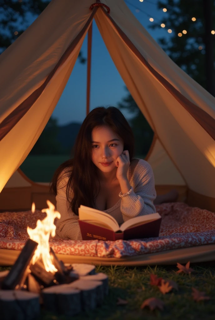 (a young woman reading in a tent outdoors, surrounded by campfire and starry sky,best quality,4k,8k,highres,masterpiece:1.2),ultra-detailed,(realistic,photorealistic,photo-realistic:1.37),beautiful detailed eyes,beautiful detailed lips,extremely detailed eyes and face,long eyelashes,cozy atmosphere,soft lighting,glowing campfire,sparkling stars,night sky,tent interior,book in hand,relaxed posture,calm expression,gentle breeze,fall foliage,serene environment,illustration,soft colors,bokeh,physically-based rendering,vivid colors,sharp focus,detailed background,adventure theme,peaceful setting