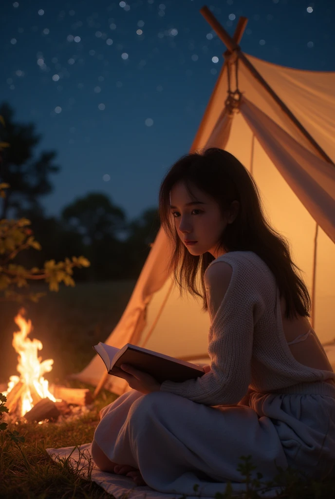 (a young woman reading in a tent outdoors, surrounded by campfire and starry sky,best quality,4k,8k,highres,masterpiece:1.2),ultra-detailed,(realistic,photorealistic,photo-realistic:1.37),beautiful detailed eyes,beautiful detailed lips,extremely detailed eyes and face,long eyelashes,cozy atmosphere,soft lighting,glowing campfire,sparkling stars,night sky,tent interior,book in hand,relaxed posture,calm expression,gentle breeze,fall foliage,serene environment,illustration,soft colors,bokeh,physically-based rendering,vivid colors,sharp focus,detailed background,adventure theme,peaceful setting