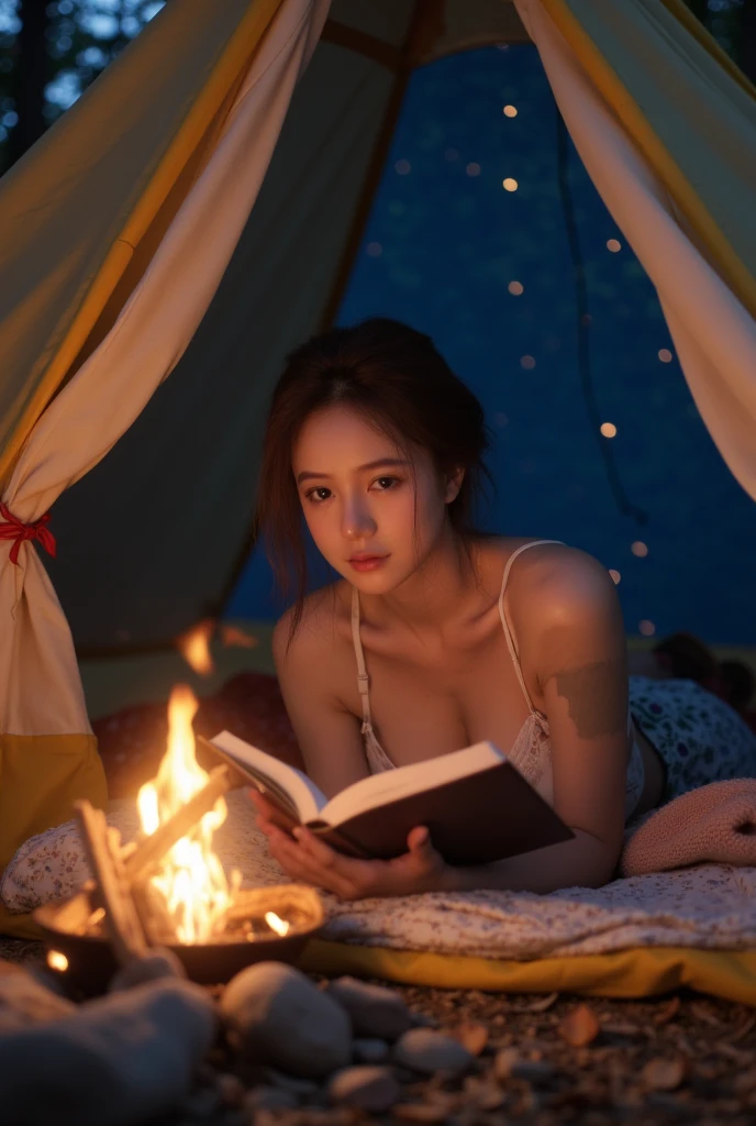 (a young woman reading in a tent outdoors, surrounded by campfire and starry sky,best quality,4k,8k,highres,masterpiece:1.2),ultra-detailed,(realistic,photorealistic,photo-realistic:1.37),beautiful detailed eyes,beautiful detailed lips,extremely detailed eyes and face,long eyelashes,cozy atmosphere,soft lighting,glowing campfire,sparkling stars,night sky,tent interior,book in hand,relaxed posture,calm expression,gentle breeze,fall foliage,serene environment,illustration,soft colors,bokeh,physically-based rendering,vivid colors,sharp focus,detailed background,adventure theme,peaceful setting