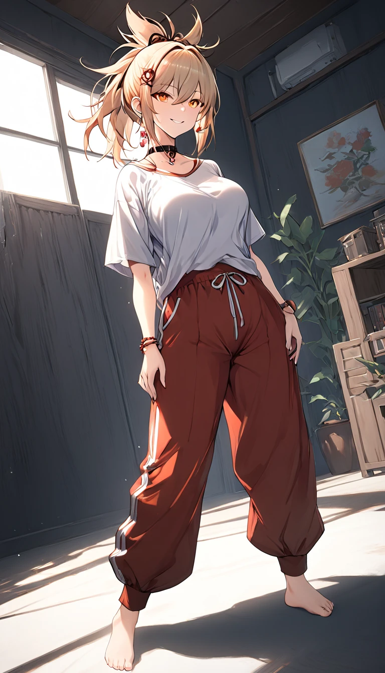 A girl with a collar, baggy pants, barefoot, (best quality,4k,8k,highres,masterpiece:1.2),ultra-detailed, moody lighting,dramatic shadows,warm soft colors,cinematic, red pants , whole body, yoimiya, bangs, blonde hair, hair ornament, hair between eyes, ponytail, sidelocks, orange eyes, light brown hair, 1women ,4k, 8k, uhd, hdr, detailed background,mature female, dynamic pose, full body, ,skin pores, score_9, score_8_up, score_7_up, (sfw), (cowboy shot, dutch angle:1.2), 1girl, solo, mature female, whole body shot ,1girl, solo, mature female, smiling,1girl, solo, mature female, big breasts, dynamic angle, (negative_v2 Color_Balance_Calibration:0.8), Stable_Yogis_Animetoon_Negatives, negativeXL_D, aidxlv05_neg, indoor background
