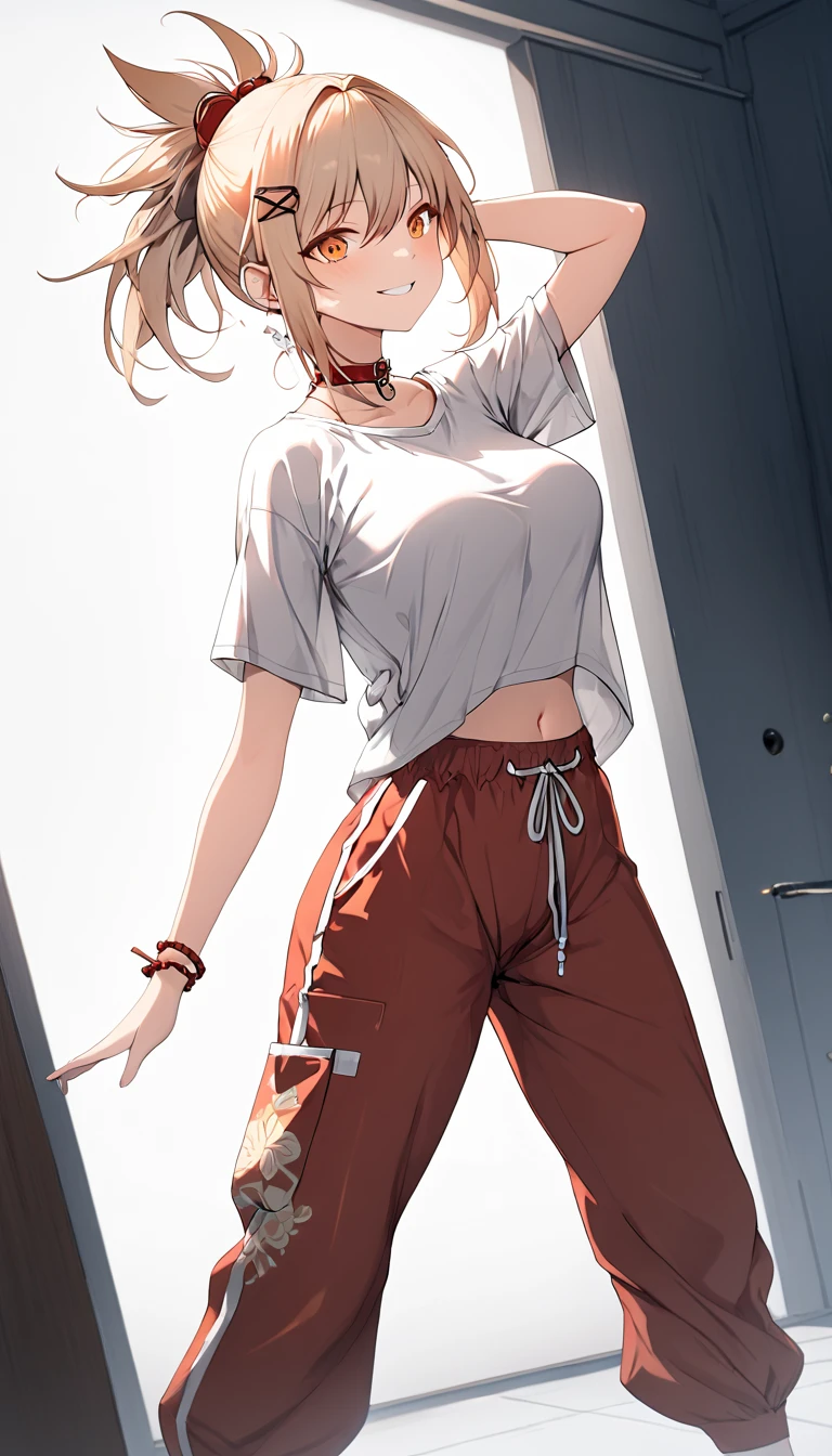 A girl with a collar, baggy pants, barefoot, (best quality,4k,8k,highres,masterpiece:1.2),ultra-detailed, moody lighting,dramatic shadows,warm soft colors,cinematic, red pants , whole body, yoimiya, bangs, blonde hair, hair ornament, hair between eyes, ponytail, sidelocks, orange eyes, light brown hair, 1women ,4k, 8k, uhd, hdr, detailed background,mature female, dynamic pose, full body, ,skin pores, score_9, score_8_up, score_7_up, (sfw), (cowboy shot, dutch angle:1.2), 1girl, solo, mature female, whole body shot ,1girl, solo, mature female, smiling,1girl, solo, mature female, big breasts, dynamic angle, (negative_v2 Color_Balance_Calibration:0.8), Stable_Yogis_Animetoon_Negatives, negativeXL_D, aidxlv05_neg, indoor background
