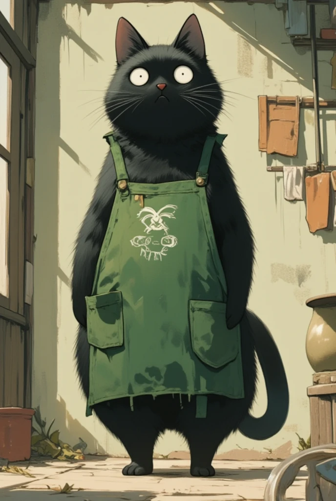  black cat walking on two legs bigger than humans \Shōjō,  wearing a green apron ,  gray coat from nose to stomach, Ears facing outward ,  poor eyesight ,  charming face, :3