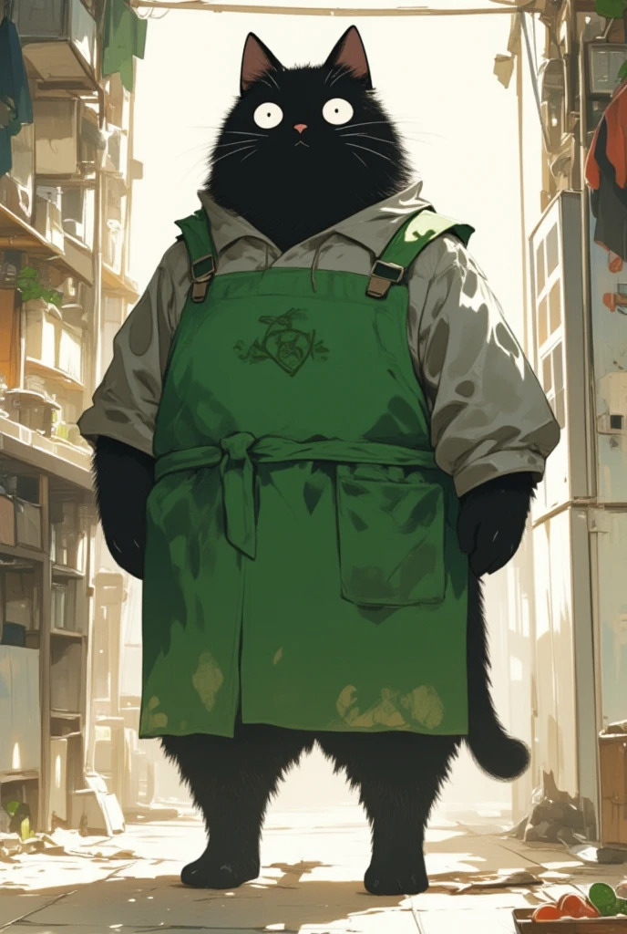  black cat walking on two legs bigger than humans \Shōjō,  wearing a green apron ,  gray coat from nose to stomach, Ears facing outward ,  poor eyesight ,  charming face, :3