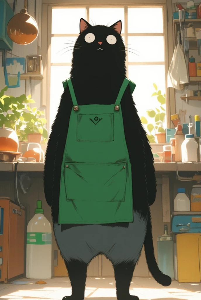  black cat walking on two legs bigger than humans \Shōjō,  wearing a green apron ,  gray coat from nose to stomach, Ears facing outward ,  poor eyesight ,  charming face, :3