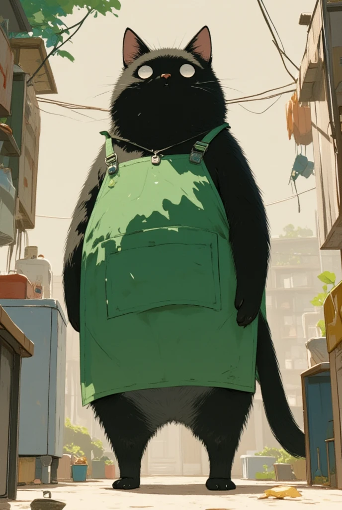  black cat walking on two legs bigger than humans \Shōjō,  wearing a green apron ,  gray coat from nose to stomach, Ears facing outward ,  poor eyesight ,  charming face, :3