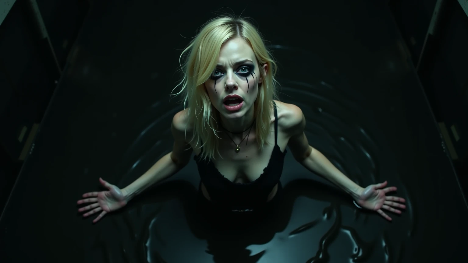 Surreal, dreamlike scene of a frail, drug-addicted young blonde woman, resembling Emma Stone, with a large interpupillary distance. She appears trapped, sinking slowly into a black, tar-like substance that clings to her fragile body, pulling her down. Her expression is one of desperation and terror as she struggles to breathe, her arms outstretched and reaching upward. The tar reflects faint, distorted light, creating an eerie glow. The background is an endless void, dark and oppressive, intensifying the sense of isolation and helplessness. The atmosphere is haunting, evoking fear and despair.