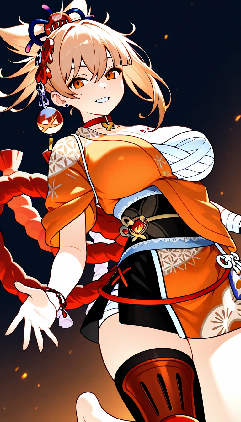 A girl with a collar, baggy pants, barefoot, (best quality,4k,8k,highres,masterpiece:1.2),ultra-detailed, moody lighting,dramatic shadows,warm soft colors,cinematic, red pants , whole body, yoimiya, bangs, blonde hair, hair ornament, hair between eyes, ponytail, sidelocks, orange eyes, light brown hair, 1women ,4k, 8k, uhd, hdr, detailed background,mature female, dynamic pose, full body, ,skin pores, score_9, score_8_up, score_7_up, (sfw), (cowboy shot, dutch angle:1.2), 1girl, solo, mature female, whole body shot ,1girl, solo, mature female, smiling,1girl, solo, mature female, big breasts, dynamic angle, (negative_v2 Color_Balance_Calibration:0.8), Stable_Yogis_Animetoon_Negatives, negativeXL_D, aidxlv05_neg, indoor background
