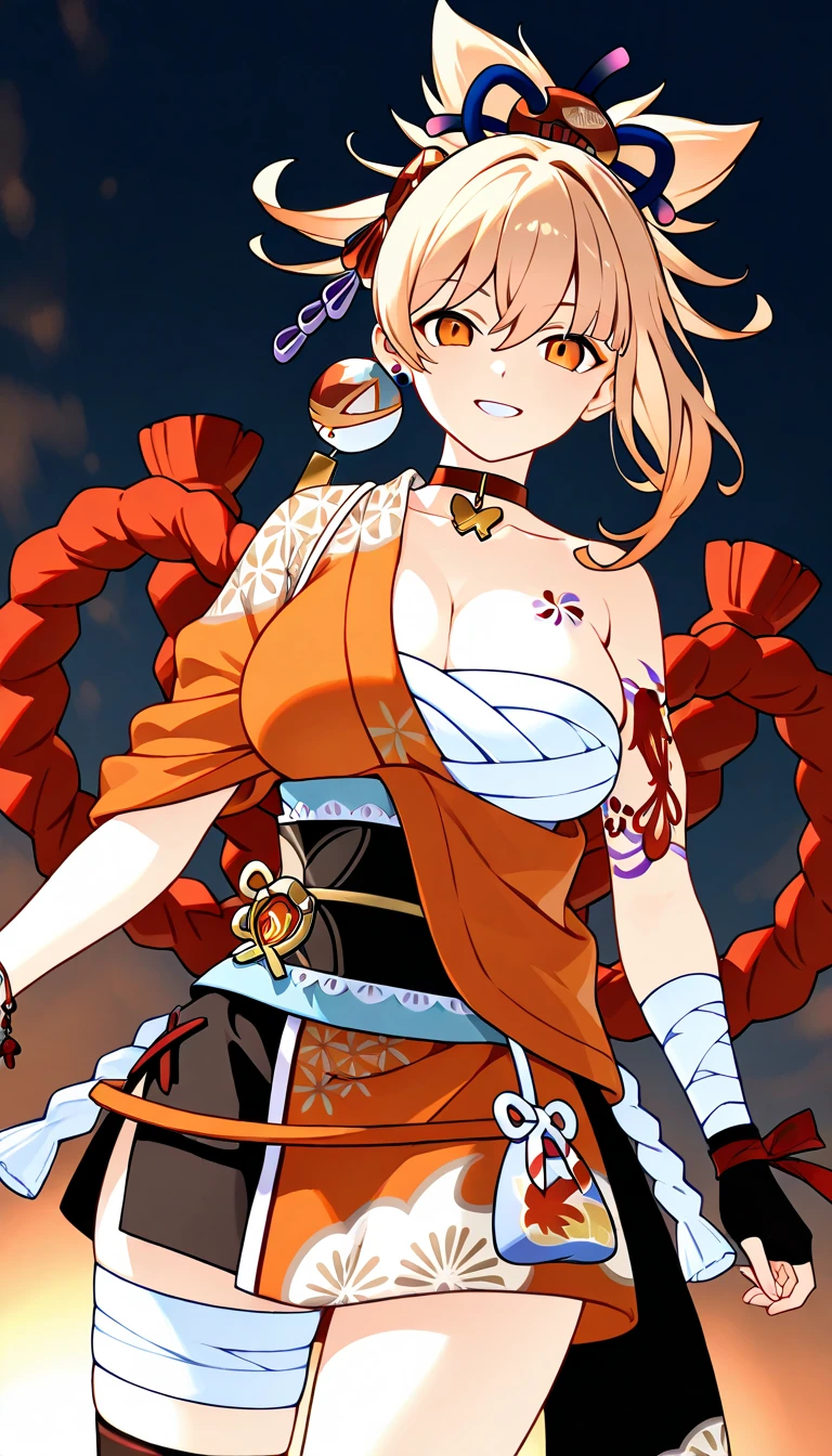 A girl with a collar, baggy pants, barefoot, (best quality,4k,8k,highres,masterpiece:1.2),ultra-detailed, moody lighting,dramatic shadows,warm soft colors,cinematic, red pants , whole body, yoimiya, bangs, blonde hair, hair ornament, hair between eyes, ponytail, sidelocks, orange eyes, light brown hair, 1women ,4k, 8k, uhd, hdr, detailed background,mature female, dynamic pose, full body, ,skin pores, score_9, score_8_up, score_7_up, (sfw), (cowboy shot, dutch angle:1.2), 1girl, solo, mature female, whole body shot ,1girl, solo, mature female, smiling,1girl, solo, mature female, big breasts, dynamic angle, (negative_v2 Color_Balance_Calibration:0.8), Stable_Yogis_Animetoon_Negatives, negativeXL_D, aidxlv05_neg, indoor background
