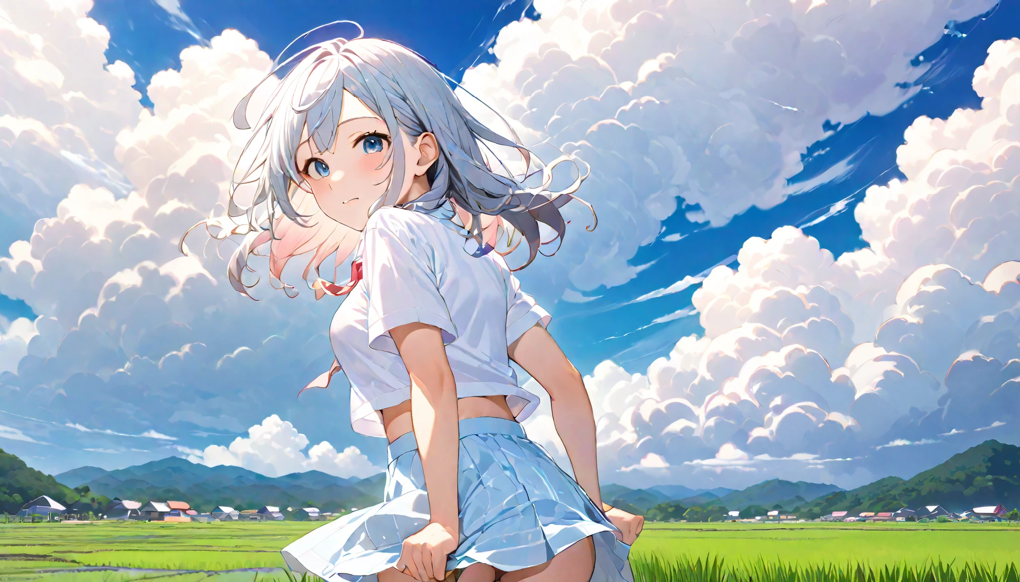   high school girl、 Short-sleeved plain shirt   、   with rice paddies stretching all the way to the horizon 、  I have a light blue miniskirt   、Clear sky and cumulonimbus clouds    