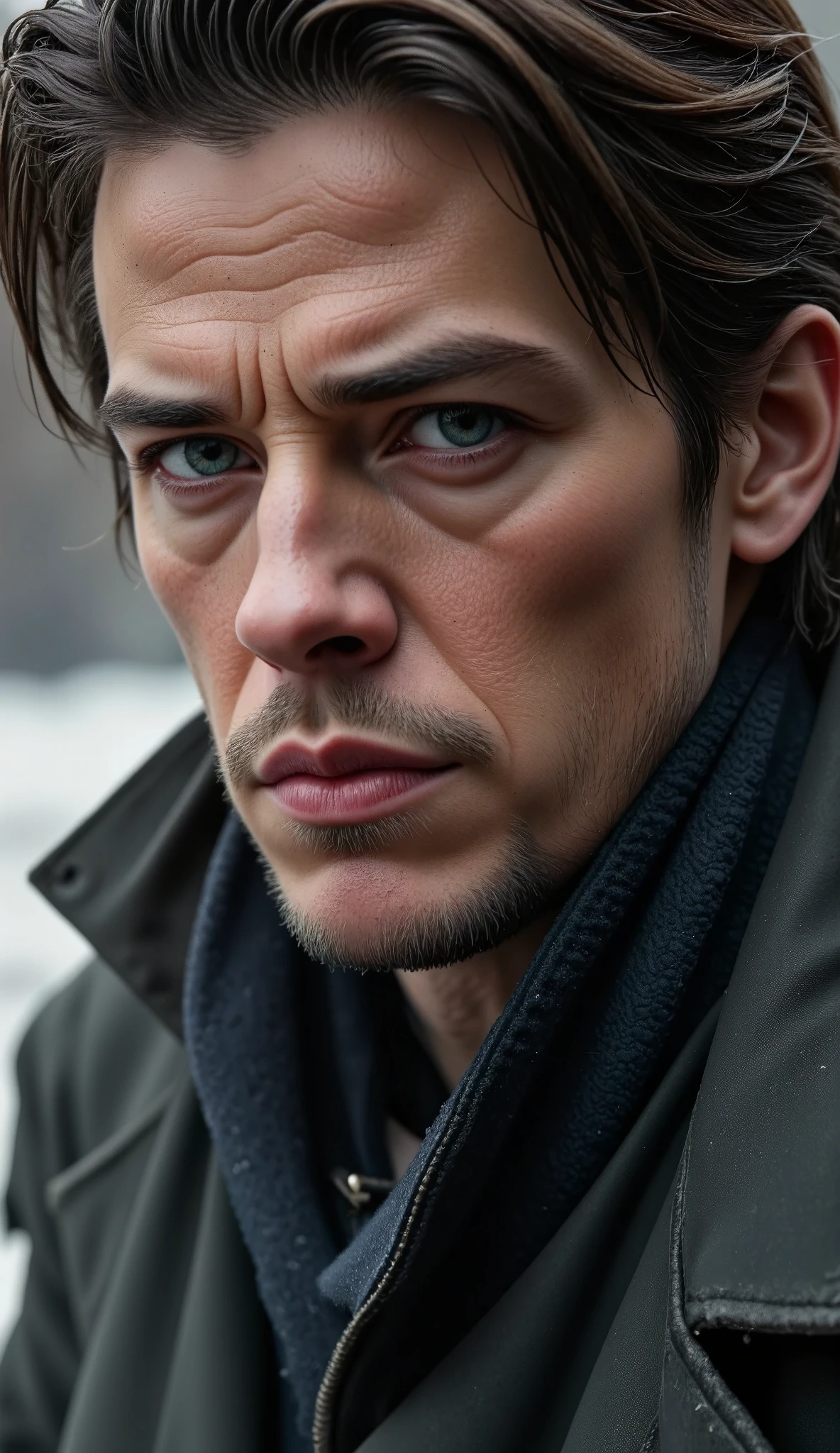 a man in a trench coat and scarf, detailed portrait, beautiful detailed eyes, beautiful detailed lips, extremely detailed face and features, long eyelashes, dramatic lighting, moody atmosphere, cinematic, chiaroscuro, muted color palette, dramatic shadows, high contrast, photorealistic, 8k, ultra-detailed, masterpiece, (best quality, 4k, 8k, highres, masterpiece:1.2), ultra-detailed, (realistic, photorealistic, photo-realistic:1.37), HDR, UHD, studio lighting, ultra-fine painting, sharp focus, physically-based rendering, extreme detail description, professional, vivid colors, bokeh