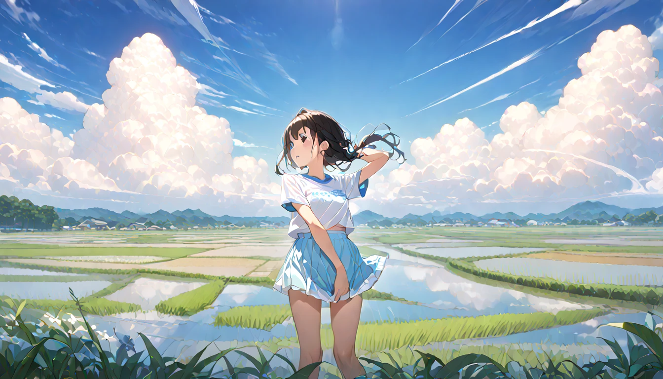   high school girl、 Short-sleeved plain shirt   、   with rice paddies stretching all the way to the horizon 、  I have a light blue miniskirt   、Clear sky and cumulonimbus clouds    