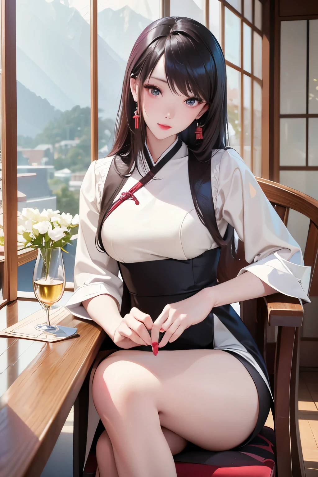 A woman sitting at a table, holding a glass of wine in hand , gorgeous young Korean women , beautiful Korean women , eye texture and contrast , xintong chen, gorgeous Chinese model, 8k selfie photos, Cai Xukun, wenfeiye, gorgeous lady, a lovely young woman , Closeup of a 19-year-old girl , Cheng Man Kit