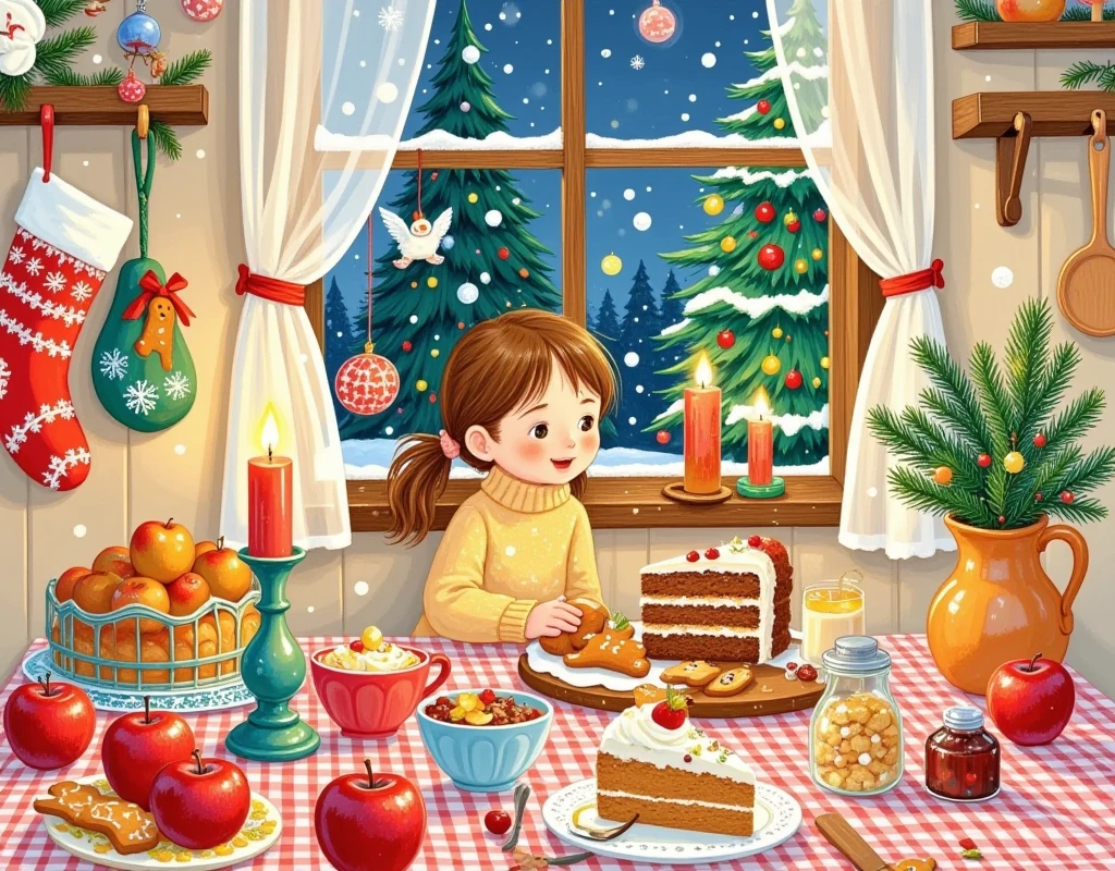 Christmas illustration  ，window，table，，cake，candle，Glass，Christmas tree，curtain，sock，kitchen，ginger man，  apples，girl