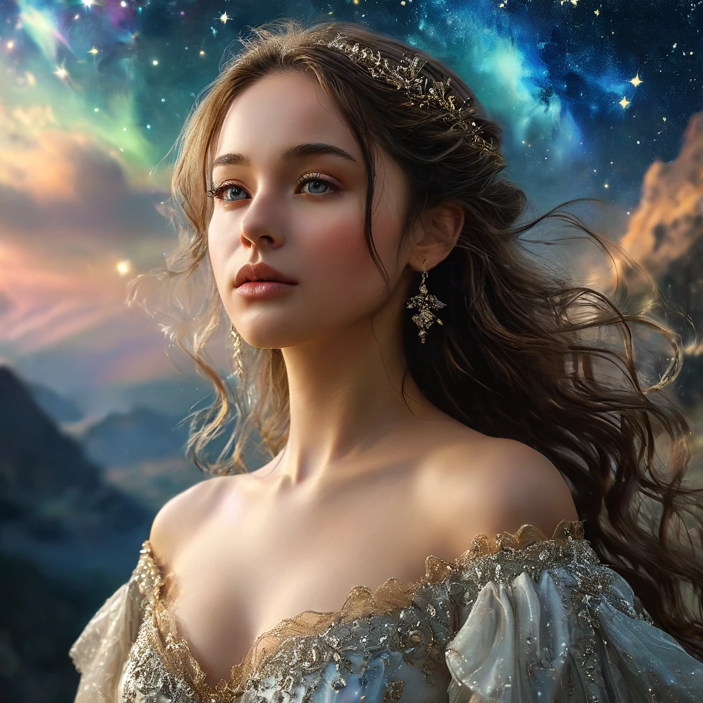 (Highest quality,4K,8k,High resolution,masterpiece:1.2), Very detailed, (Realistic,photoRealistic,photo-Realistic:1.37),(Numerous award-winning masterpieces, Incredibly detailed and textured, Highest resolution and clarity), (Hyper-Realistic:1.4)Beautiful girl in the foreground, (She is of French descent, She is a beautiful woman with fine eyes and a high nose.:1.1), Eyes closed、Angel halo and wings、 Thick eyebrows, Detailed facial features, Long and graceful neck, Flowing locks of hair, Calm and elegant posture, Dreamy atmosphere, Surrealism, Mysterious Aura, Charlie Bowwater, 19th century France, Fascinating, (Detailed landscape of Asgard in the background, Aurora shining in the sky:1.6), (Starry sky with constellations:1.5), Very detailed, 8k, Very detailed, photoRealistic, masterpiece, (Natural light:1.4)