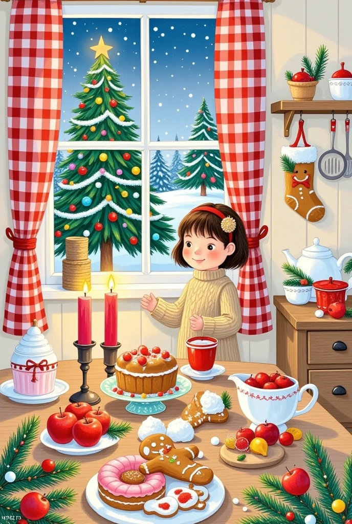 Christmas illustration  ，window，table，，cake，candle，Glass，Christmas tree，curtain，sock，kitchen，ginger man，  apples，girl