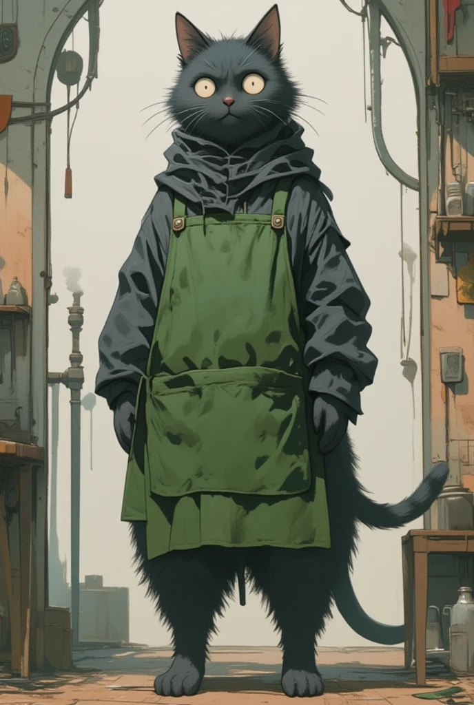  black cat walking on two legs bigger than humans \Shōjō,  wearing a green apron ,  gray coat from nose to stomach, Ears facing outward ,  poor eyesight ,  charming face, :3