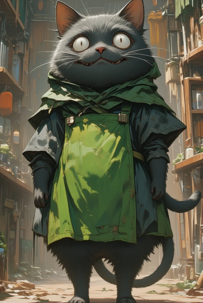  black cat walking on two legs bigger than humans \Shōjō,  wearing a green apron ,  gray coat from nose to stomach, Gray mouth ,  ears are down, Ears facing outward ,  poor eyesight ,  charming face, :3