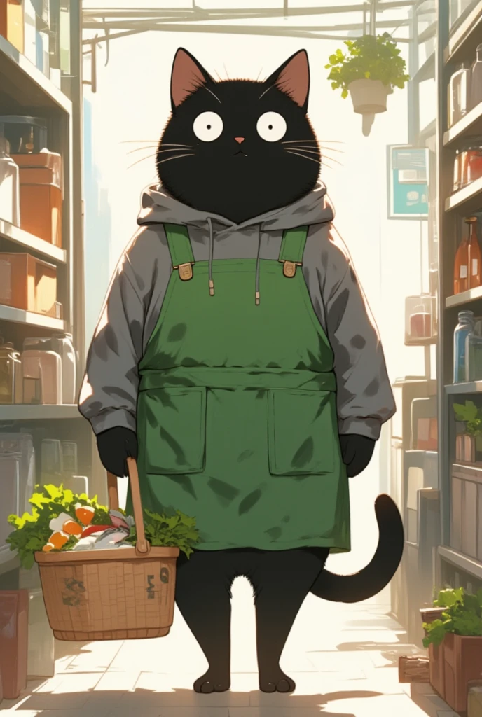  black cat walking on two legs bigger than humans \Shōjō,  wearing a green apron ,  gray coat from nose to stomach, Ears facing outward ,  poor eyesight ,  charming face, :3