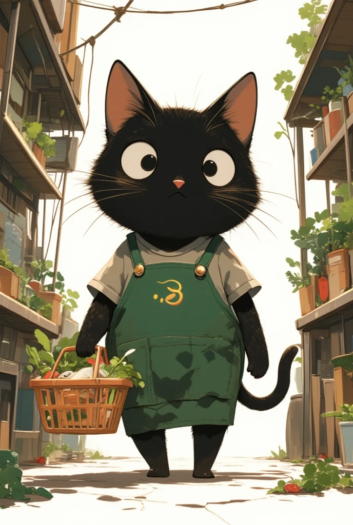  black cat walking on two legs bigger than humans \Shōjō,  wearing a green apron ,  gray coat from nose to stomach, Gray mouth ,  ears are down, Ears facing outward ,  poor eyesight ,  charming face, :3,  shopping basket with vegetables and fish in my hand, I have a 