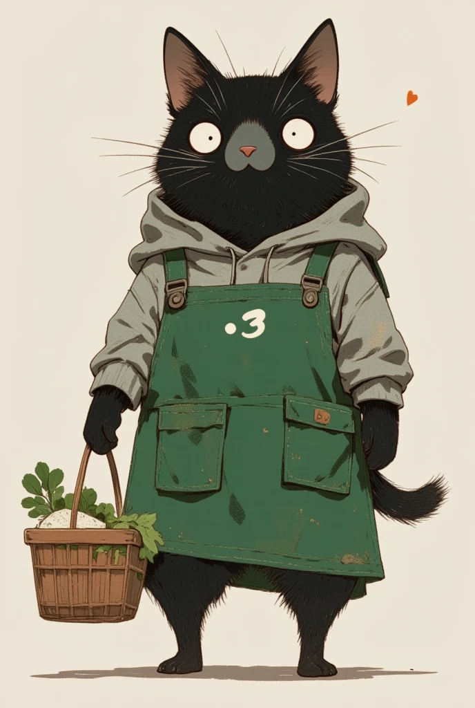  black cat walking on two legs bigger than humans \Shōjō,  wearing a green apron ,  gray coat from nose to stomach, Gray mouth ,  ears are down, Ears facing outward ,  poor eyesight ,  charming face, :3,  shopping basket with vegetables and fish in my hand, I have a 