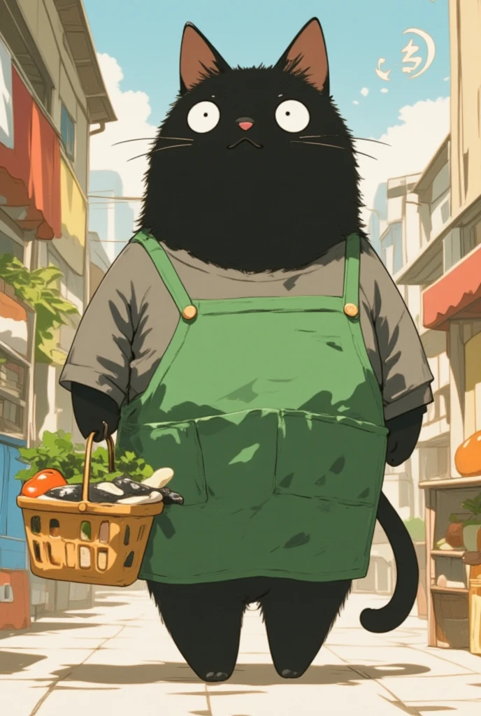  black cat walking on two legs bigger than humans \Shōjō,  wearing a green apron ,  gray coat from nose to stomach, Gray mouth ,  ears are down, Ears facing outward ,  poor eyesight ,  charming face, :3,  shopping basket with vegetables and fish in my hand, I have a 